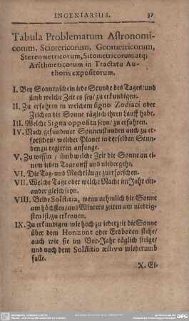 Tabula Problematum Astronomicorum, Sciotericorum, Geometricorum, Stereometricorum, Sitometricorum atque Arithmeticorum in Tractatu Authoris expositorum.
