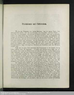 I. Pessimismus und Christenthum