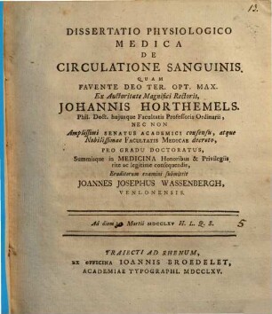 Diss. physiolog.-med. de circulatione sanguinis