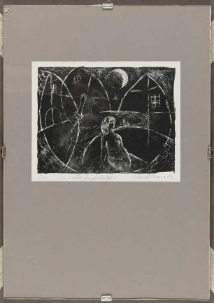 Lithografie des Künstlers Roland Kraus, Titel: Ländliches Nachtbild, 1963