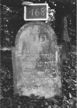 Grabstein 168 (Index: 99894833) Material: Sandstein Zustand: verwittert und bewachsen Maße HxBxT: 89x84x8 cm Beschreibung: Stele mit eingezogenem Rundbogenabschluss: Grabstein 168