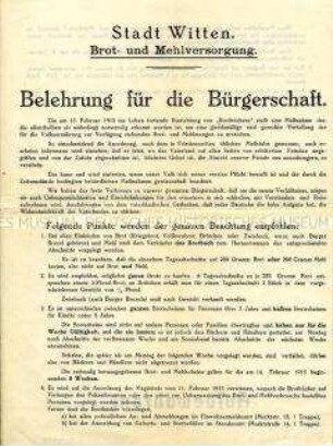 Informationsblatt Stadt Witten zur Belehrung der Einwohner im Umgang mit den am 15.2.1915 eingeführten Brotbüchern