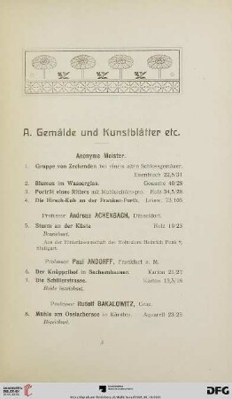 A. Gemälde und Kunstblätter etc. (Nr. 1-352)