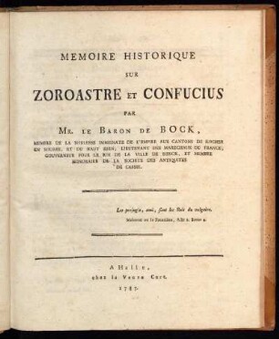 Memoire Historique Sur Zoroastre Et Confucius