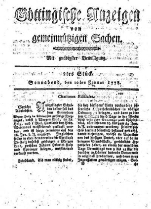 2tes Stück, Sonnabend, den 10ten Januar 1778.