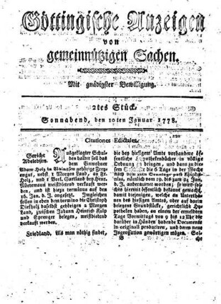 2tes Stück, Sonnabend, den 10ten Januar 1778.