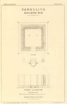 Plate XX. Pankuliya. Building No. 18. Plan. Front elevation.