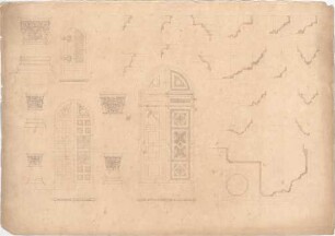 Voit, August von; Lingenfeld; Kath. Kirche St. Martin - Türen u. Kapitelle (Ansichten, Schnitte); Profile (Schnitte)