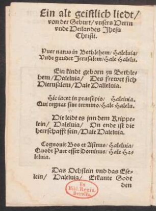 Ein alt geistlich liedt/ || von der Geburt vnsers Herrn || vnde Heilandes || Jhesu Christi. ||