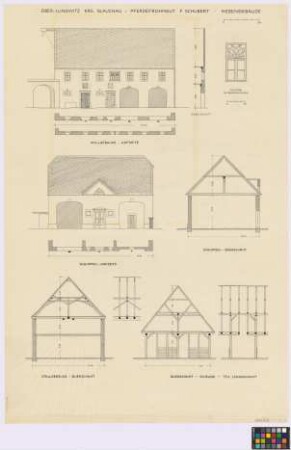 Oberlungwitz (Kreis Glauchau): Pferdefrohngut F. Schubert. - Stallgebäude (Hof-Seiten-Ansicht, zwei Traufen-Horizontalschnitte, Giebel-Vertikalschnitt, Querschnitt, Teil-Längsschnitt). - Schuppen (Hof-Seiten-Ansicht, Traufen-Horizontalschnitt, Querschnitt). - Scheune (Querschnitt, Teil-Längsschnitt). - Fenster im Obergeschoss, Stallgebäude (Ansicht)
