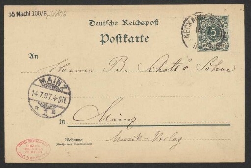 Brief an B. Schott's Söhne : 15.07.1897