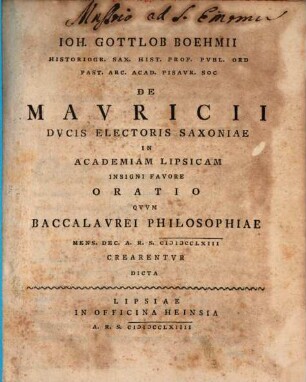De Mauricii ducis, electoris Saxoniae in academiam Lipsicam insigni favore oratio