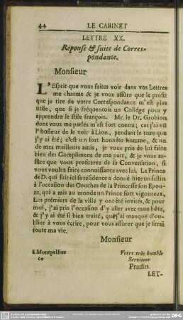 Lettre XX. Response & suite de Correspondance