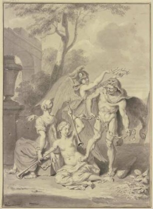 Herkules von Minerva gekrönt hält zwei gefesselte Mädchen mit Posaunen