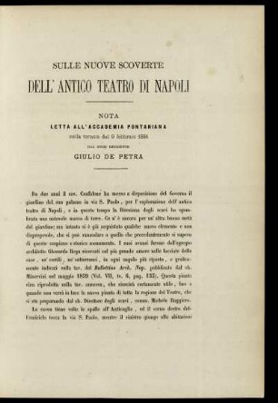 Sulle Nuove Scoverte Dell' Antico Teatro Di Napoli