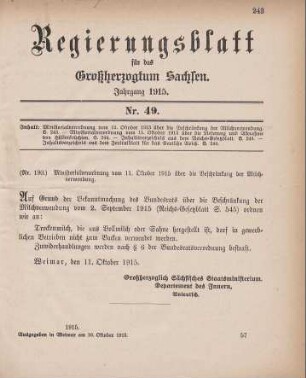 Nr. 190: Ministerialverordnung vom 11. Oktober 1915 über die Beschränkung der Milchverwendung