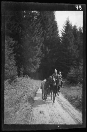 Manöver [in Schwaben:] 2 Offiziere zu Pferd mit einem weiteren Pferd auf einer Waldlichtung