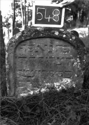 Grabstein 548 (Index: 100102533) Material: Sandstein Zustand: stark verwittert, abgeblättert, weitgehender Textverlust Maße HxBxT: 67x66x23 cm Beschreibung: Stele, Korbbogenabschluss, Schriftfeld eingetieft: Grabstein 548