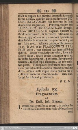 Epistolae 158. Fragmentum ad Dn. Doct. Ioh. Elerum