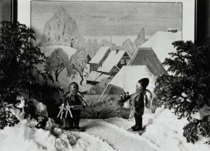 Striezelmarktkinder nach Holzschnitt L. Richters "Ausverkauf wegen Geschäftsaufgabe" von 1850 : Fotomärchenbuch. Illustration zum Märchen-Gedicht von Else Seifert "Hampelmann". Arrangement mit Striezelmarktkindern nach Holzschnitt L. Richters "Ausverkauf wegen Geschäftsaufgabe" von 1850 vor gezeichneter Winterlandschaft