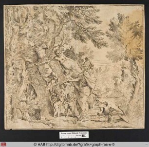 Venus und einige Amoretten präsentieren Minerva, die neben einem Flussgott steht, ein Gemälde inmitten einer bewaldeten Landschaft.