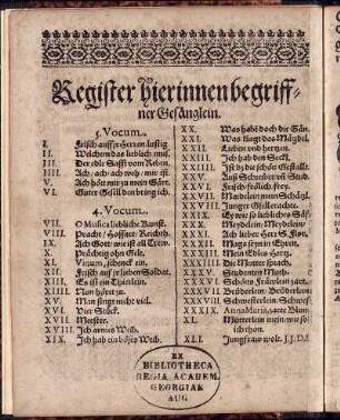 Register hierinnen begriffner Gesänglein