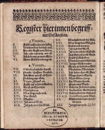 Register hierinnen begriffner Gesänglein