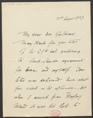 Brief an Willy Strecker und B. Schott's Söhne : 31.08.1929