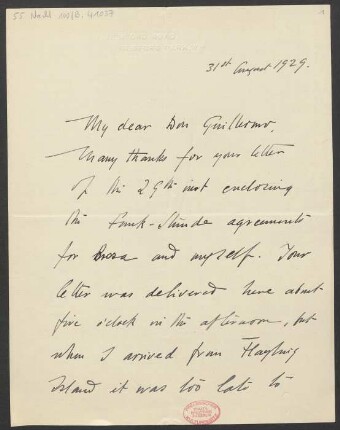 Brief an Willy Strecker und B. Schott's Söhne : 31.08.1929