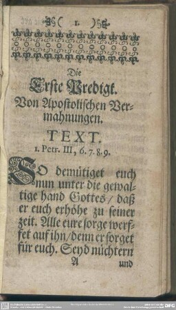 Die Erste Predigt. Von Apostolischen Vermahnungen