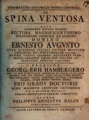 Dissertatio Inavgvralis Medico-Chirvrgica De Spina Ventosa