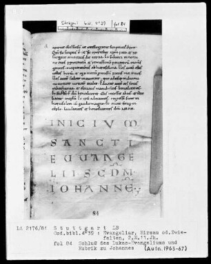 Evangeliar aus Zwiefalten — Kapitalen: Rubrik zu Johannes, Folio 84recto