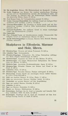Skulpturen in Elfenbein, Marmor und Holz, Uhren (Nr. 802-839)