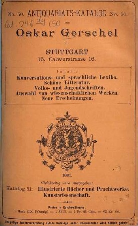 Oskar Gerschel, Buch-Antiquariat, Antiquariats-Katalog : (Bücher-Cataloge), 50