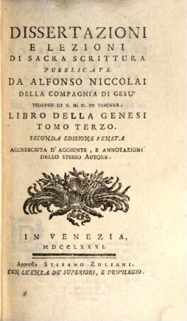 Dissertazioni E Lezioni Di Sacra Scrittura, Tomo Terzo. Libro Della Genesi