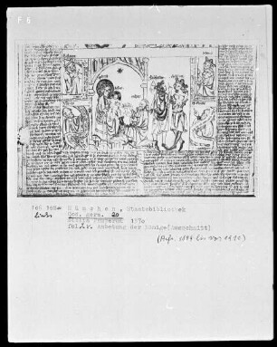 Biblia Pauperum — Typologische Bildseite mit Anbetung der Könige, Folio 2verso