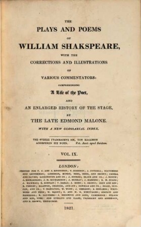 The plays and poems of William Shakspeare : With a new glossarial index. Vol. IX., Measure for measure. Othello.
