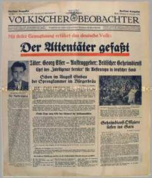 Tageszeitung "Völkischer Beobachter" zum Attentat auf Hitler im Bürgerbräukeller in München