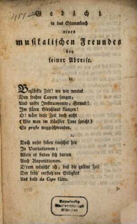 Gedicht in das Stammbuch eines musikalischen Freundes bey seiner Abreise