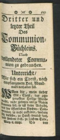 Dritter und letzter Theil Des Communion-Büchleins. Nach vollendeter Communion zu gebrauchen