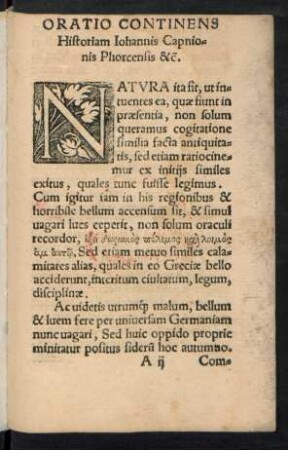 Oratio Continens Historiam Iohannis Capnionis Phorcensis &c.