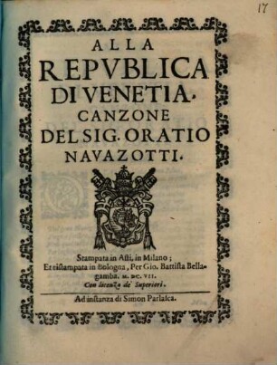 Alla Republica di Venetia : Canzone