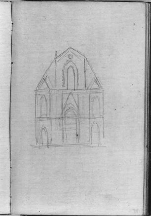 Skizze einer gotischen italienischen Kirchenfassade : Rietschel, Ernst. Skizze einer gotischen italienischen Kirchenfassade. Skizzenbuch E, fol. 28v. Bleistift, Bütten; 17,4 x 10,8 cm (Blattgröße). August 1830/März 1831. Privatbesitz. WVZ S. 310
