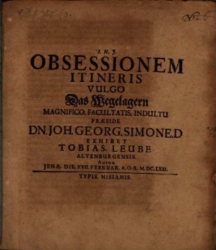Diss. de obsessione itineris, vulgo Wegelagern