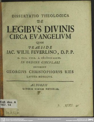 Dissertatio Theologica De Legibus Divinis Circa Evangelium