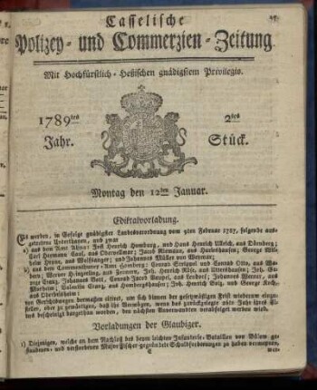 2tes Stueck, Montag den 12ten Januar. 1789