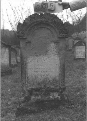 Grabstein 305 (Index: 99609029) Material: Sandstein Zustand: sehr stark verwittert mit sehr großem Textverlust Maße HxBxT: 132x64x20 cm Beschreibung: Stele, getreppter Sockel, eingezogener Giebel mit aufgesetzten Zweigen, Schriftfeld eingetieft in gleicher Form Symbolik: Zweige: Grabstein 305