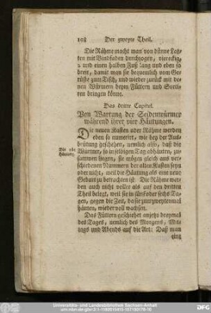 Das dritte Capitel. Von Wartung der Seidenwürmer während ihrer vier Häutungen.