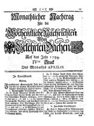 Monathlicher Nachtag [...] IVtes Stuck Des Monaths Aprilis