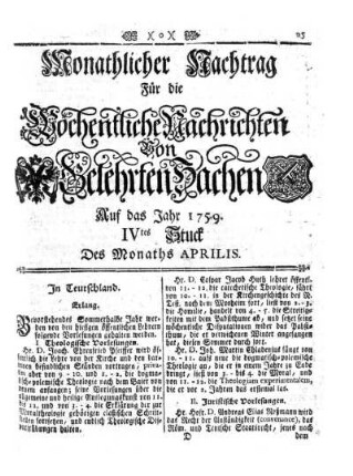 Monathlicher Nachtag [...] IVtes Stuck Des Monaths Aprilis